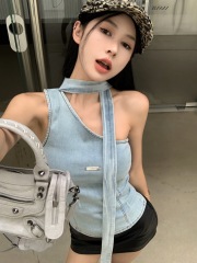 Real shot Korean version of slim fit and slim design, off-shoulder halter neck retro denim vest hot girl top