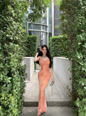 實拍 粉色度假海邊浪漫法式連衣裙