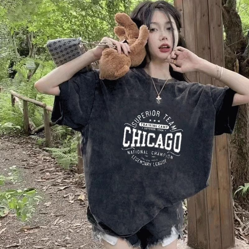 230g pure cotton collar spring and summer American retro loose large size top printed washing and old short-sleeved T-shirt