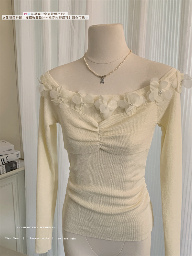 Real-life 25-year new sweet one-shoulder flower long-sleeved sweater, chest pleated slim temperament top