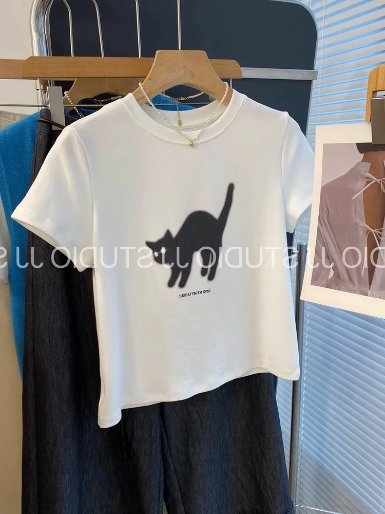 Printed front shoulder short-sleeved T-shirt for women in summer new niche American pure cotton slim T-shirt top