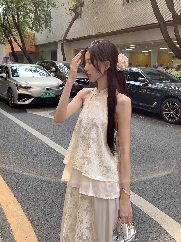 新中式白色裙子蝴蝶印花掛脖上衣半身裙兩件套連衣裙國風旗袍套裝