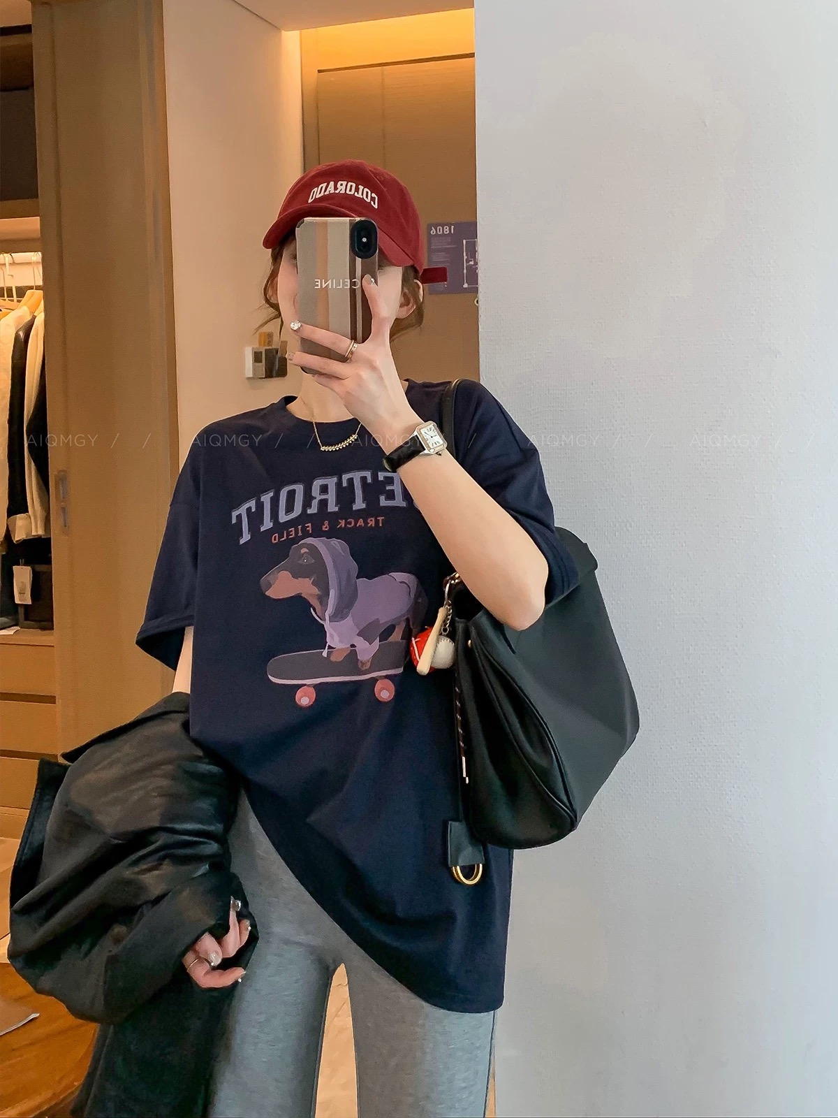 200g combed and tight-fitting sprinkler, pure cotton backpack, spring and summer loose shoulder printed short-sleeved T-shirt