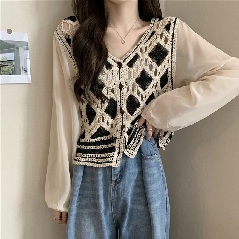 New spring Korean version retro design sense hollow hook flower spliced ​​chiffon long-sleeved top for women ins fashion