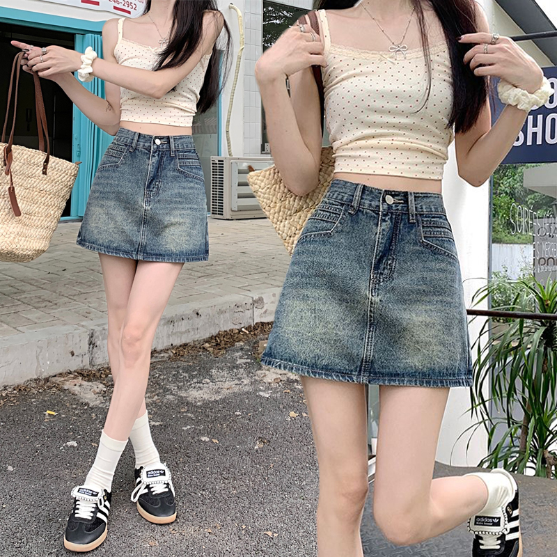 Commuting personality ins denim skirt for women in spring and summer new high-waisted slim A-line hip denim skirt