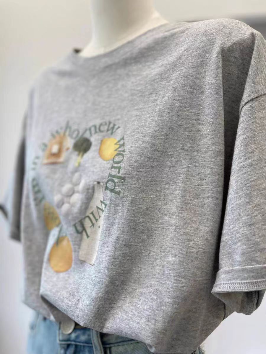 200g combed and tight spun in 2025, pure cotton back bag strip, spring and summer loose shoulder printed short-sleeved T-shirt