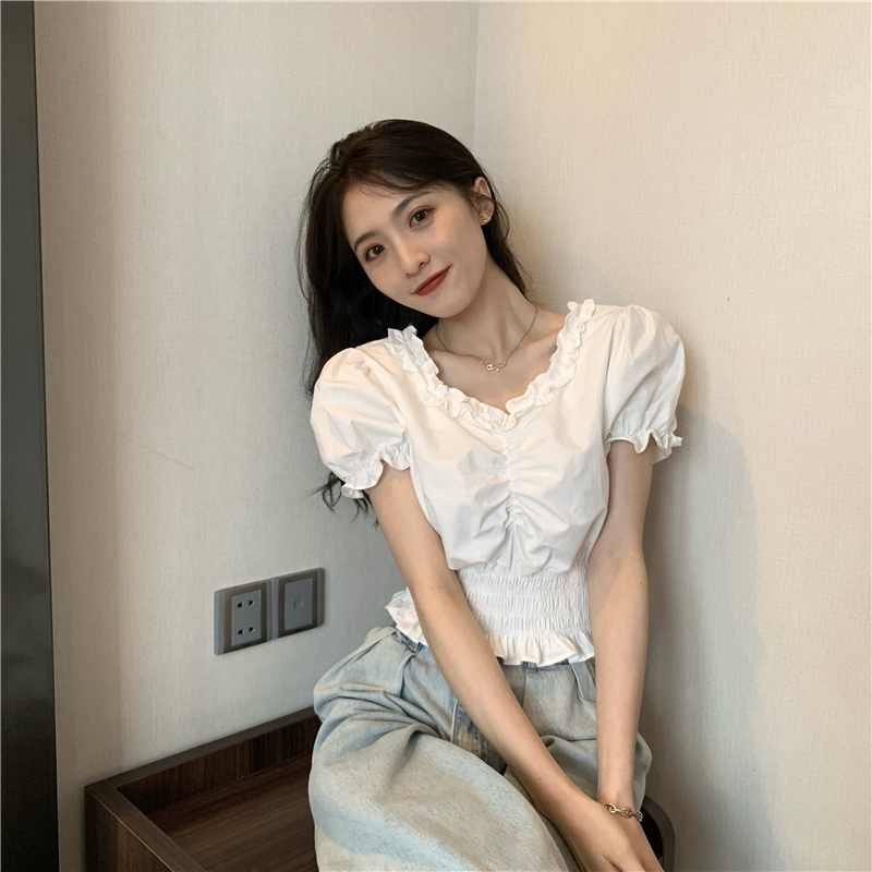 Real shot of retro lace puff sleeves versatile ruffle top short waisted shirt