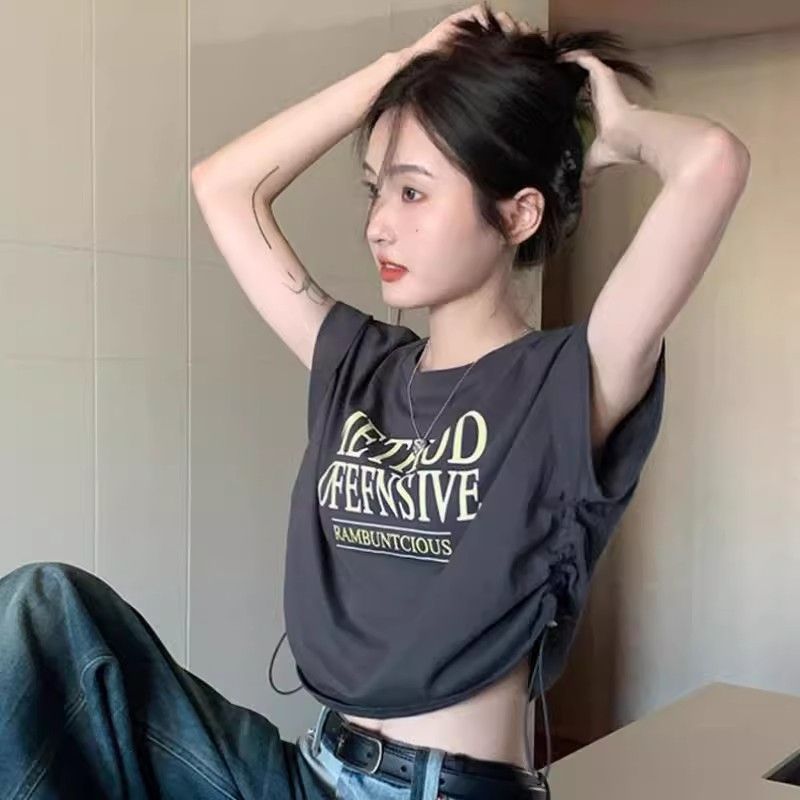 美式小眾抽繩短款短袖T恤女