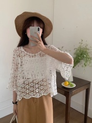 Lace long-sleeved hollow mesh shirt embroidered fashionable shirt beach vacation women's shawl sun protection clothes