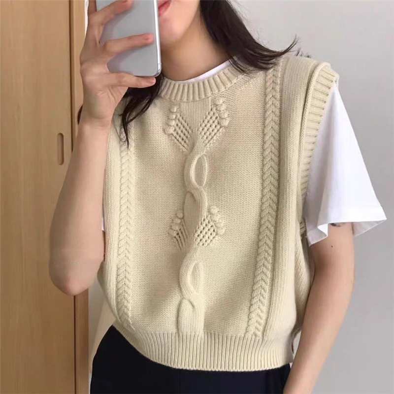 Korea Dongdaemun autumn and winter new knitted vest for women retro design solid color sleeveless twist sweater trend