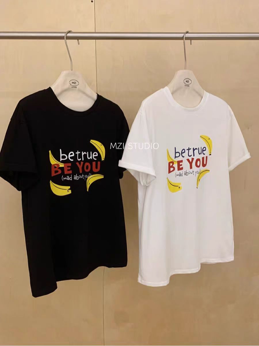 200g combed and tight spun in 2025, pure cotton back bag strip, spring and summer loose shoulder printed short-sleeved T-shirt
