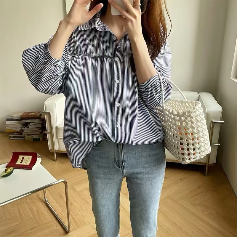 Design-sensual niche shirt for women's thin autumn Korean version puff sleeve drawstring 7-quarter sleeve striped shirt