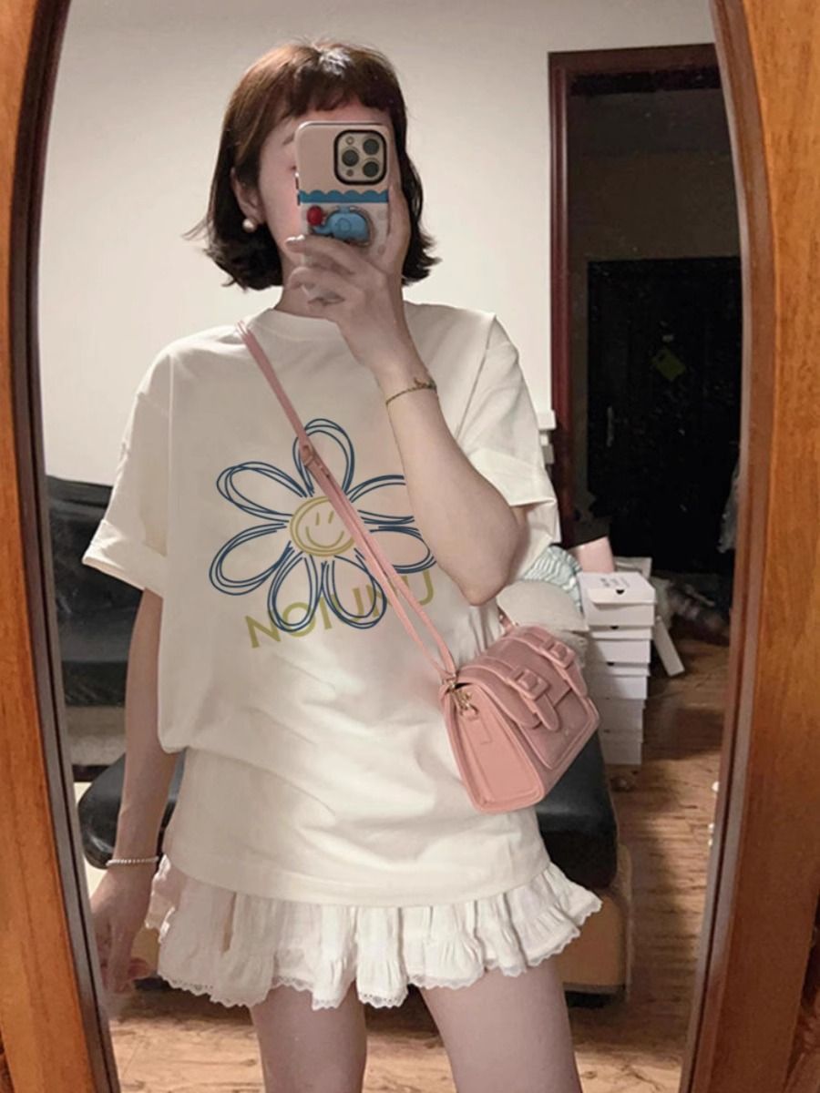 200g combed and tight-fitting sprinkler, pure cotton backpack, spring and summer loose shoulder printed short-sleeved T-shirt