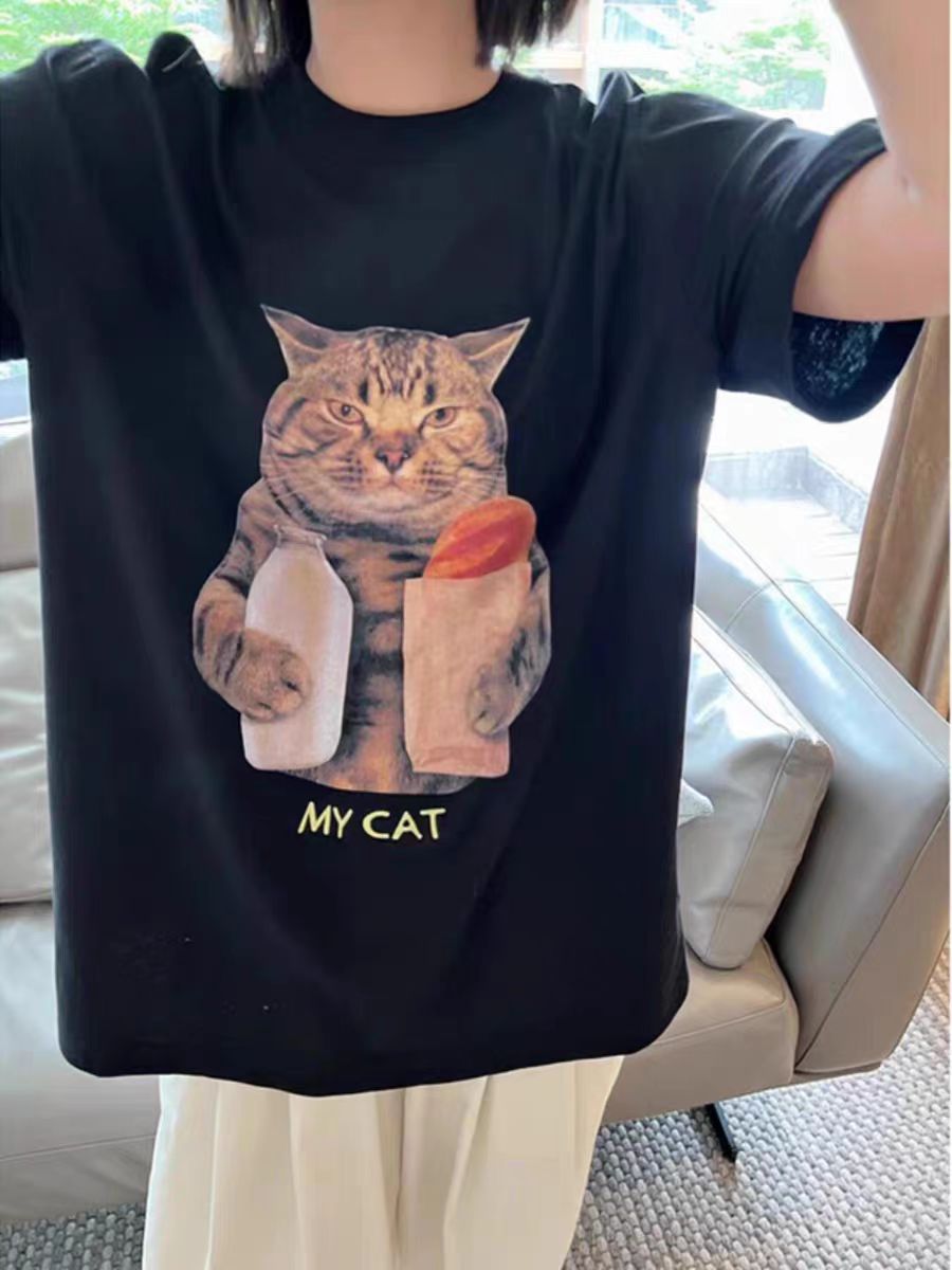 200g combed and tight-fitting sprinkler, pure cotton backpack, spring and summer loose shoulder printed short-sleeved T-shirt
