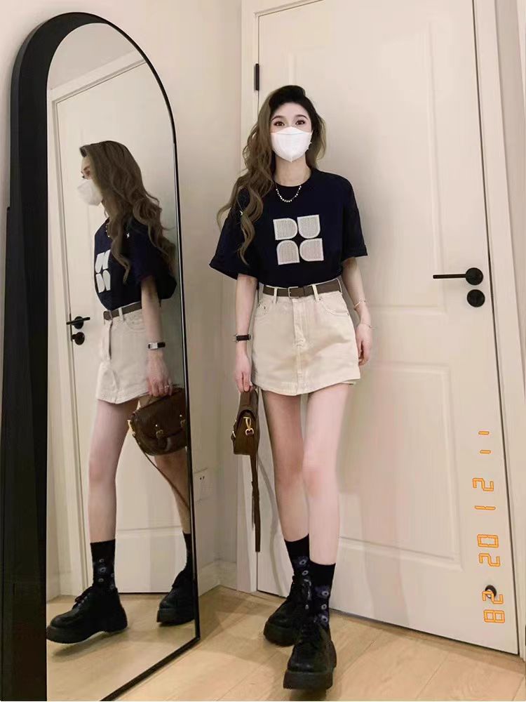 200g combed and tight-fitting sprinkler, pure cotton backpack, spring and summer loose shoulder printed short-sleeved T-shirt
