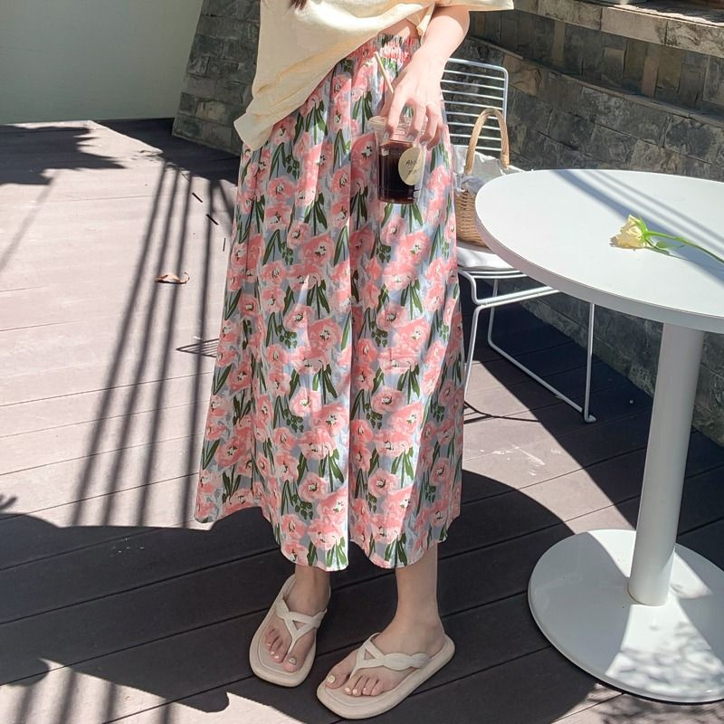 Summer 2025 new French gentle chiffon floral skirt for women with high waist slim mid-length A-line skirt