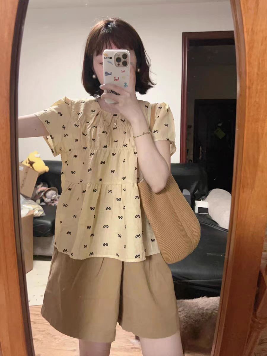 Korean bow printed short-sleeved shirt for women in summer puff sleeve square collar doll shirt shirt top