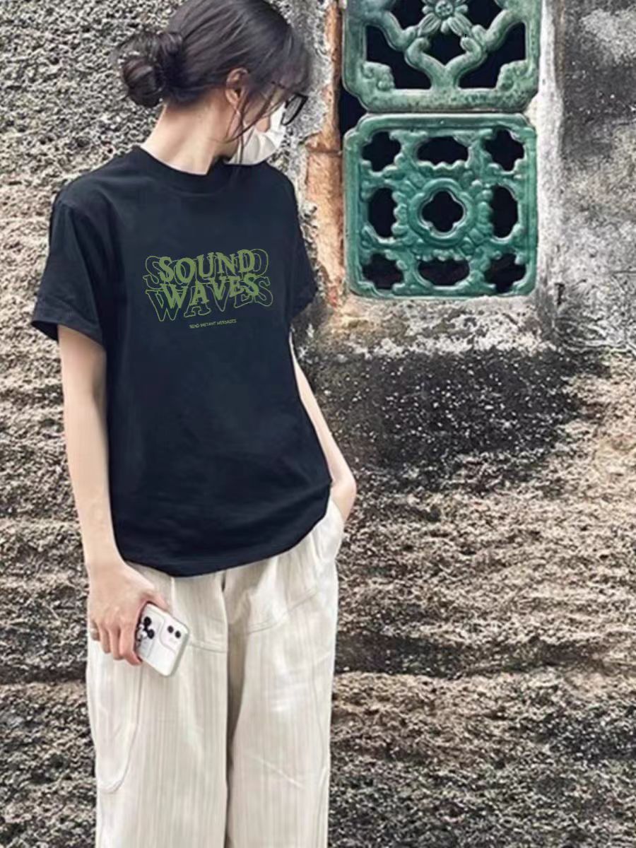200g combed and tight-fitting sprinkler, pure cotton backpack, spring and summer loose shoulder printed short-sleeved T-shirt