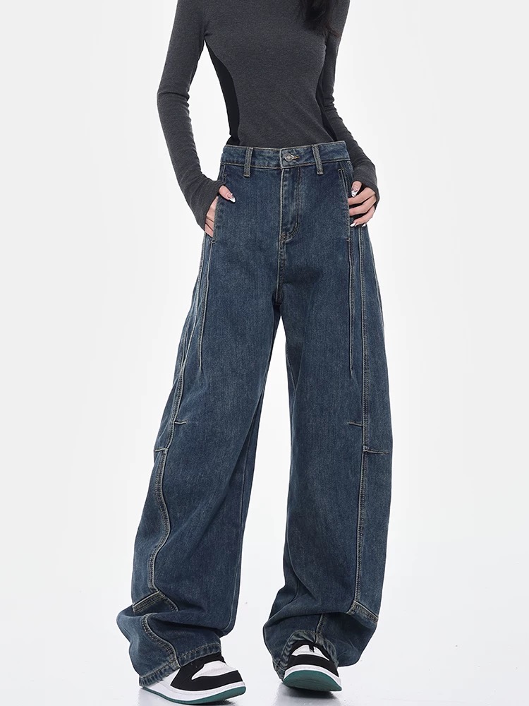 KEN STUDIO Spring New High Street Design Sense of Scimitar Jeans Women's Loose Wide Legs Banana Pants Scythe Pants