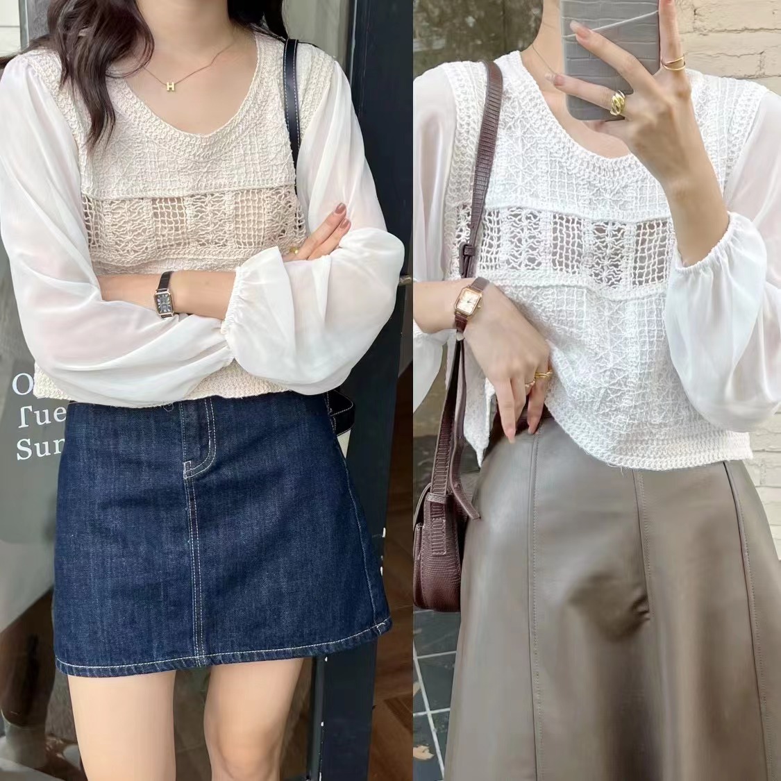 Jacquard knitted round neck hooded shirt spring and autumn new Korean chiffon spliced ​​long-sleeved women's lace shirt top