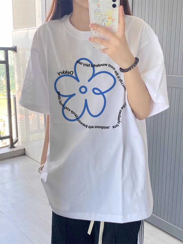 200g combed and tight spun in 2025, pure cotton back bag strip, spring and summer loose shoulder printed short-sleeved T-shirt