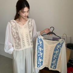 2025 Fashion Ethnic Style Exquisite Hollow Crochet Spliced ​​Long Sleeve Fake Two-Piece Shirt V-neck Short Cardigan