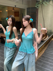 Real shot of blue polka dot v-neck suspender vest slim fit inner design and hot girl wearing base top outside