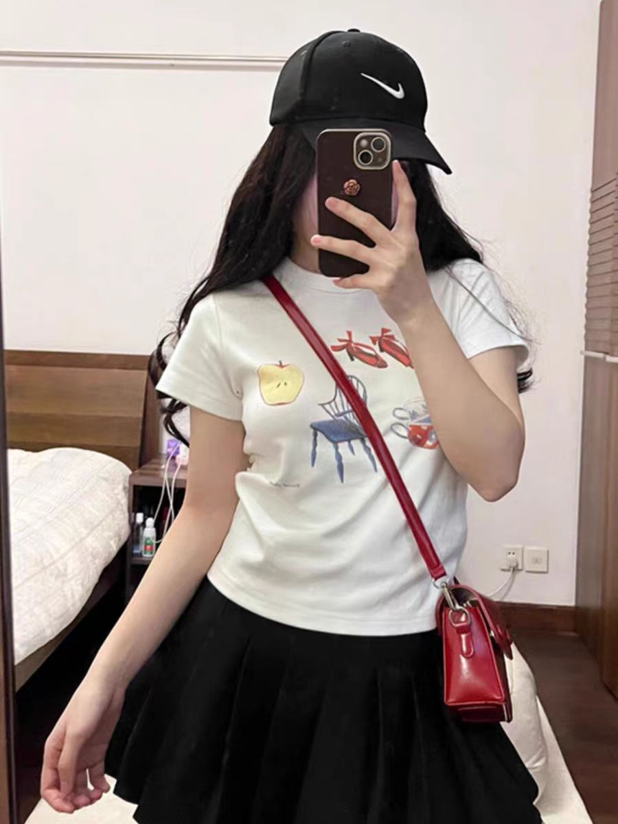 2025 printed front shoulder short-sleeved T-shirt for women in summer new niche American pure cotton slim T-shirt top