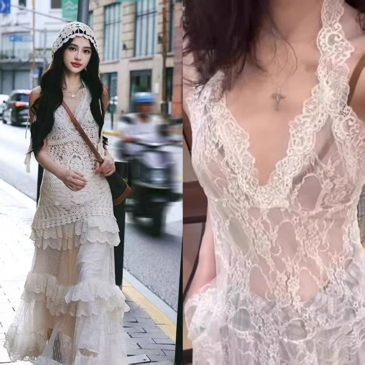 Lace strap suspender hand knitted hollow vest blouse + high-waist lace skirt two-piece set