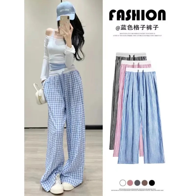 Plaid wide-leg pants for women in summer thin small drooping loose high-waist casual pants drawstring versatile floor trousers