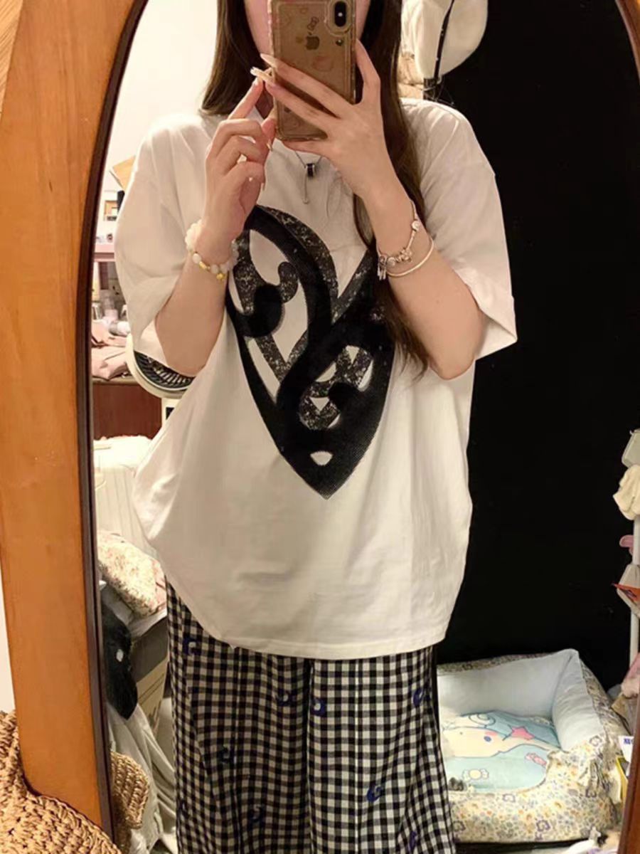 200g combed and tight-fitting sprinkler, pure cotton backpack, spring and summer loose shoulder printed short-sleeved T-shirt