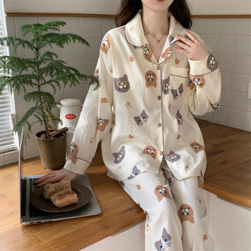 Real-life spring clothing long-sleeved trousers pajamas women's cotton loose-fitting breast pad home clothing two-piece set