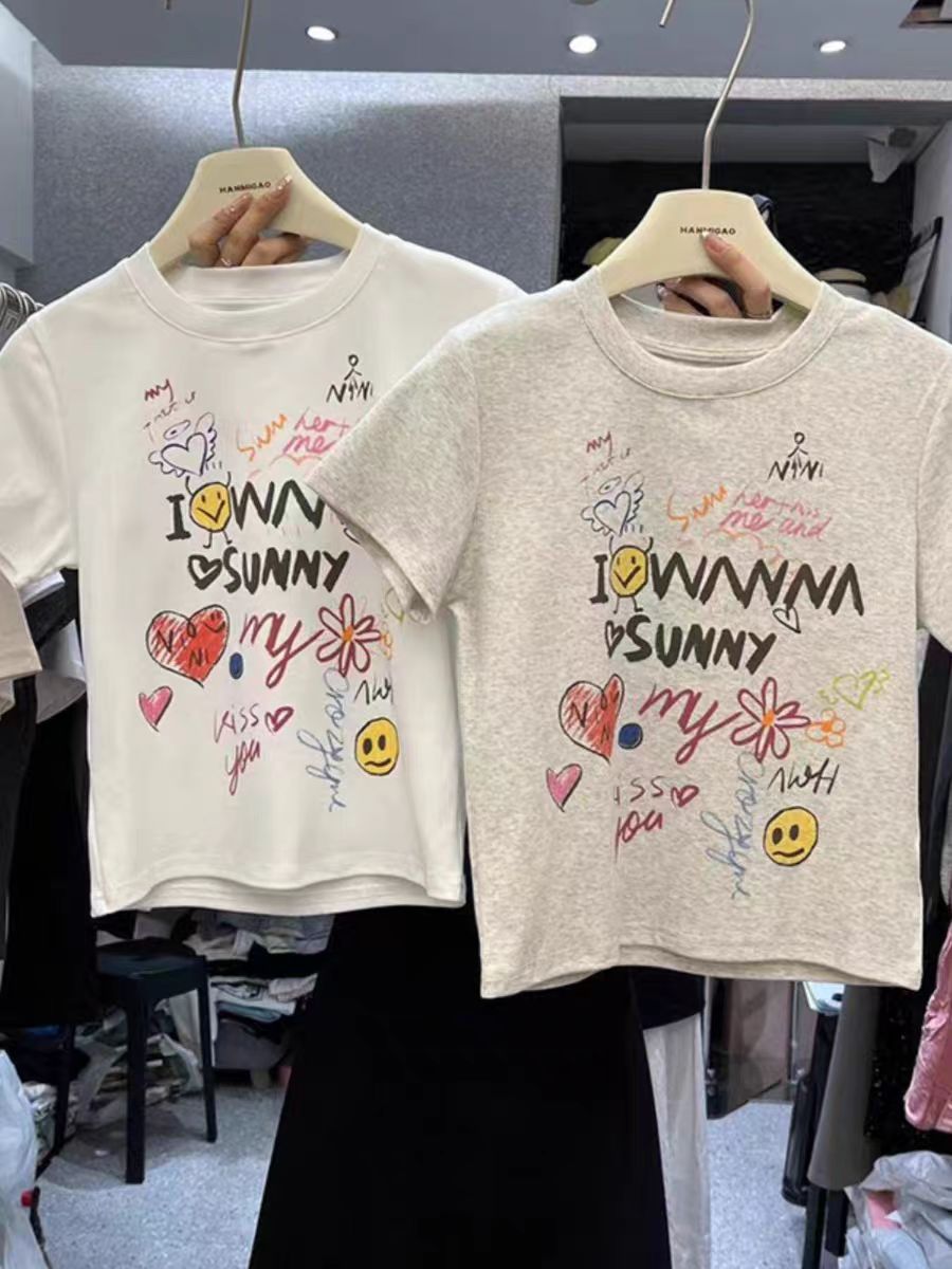 2025 printed front shoulder short-sleeved T-shirt for women in summer new niche American pure cotton slim T-shirt top