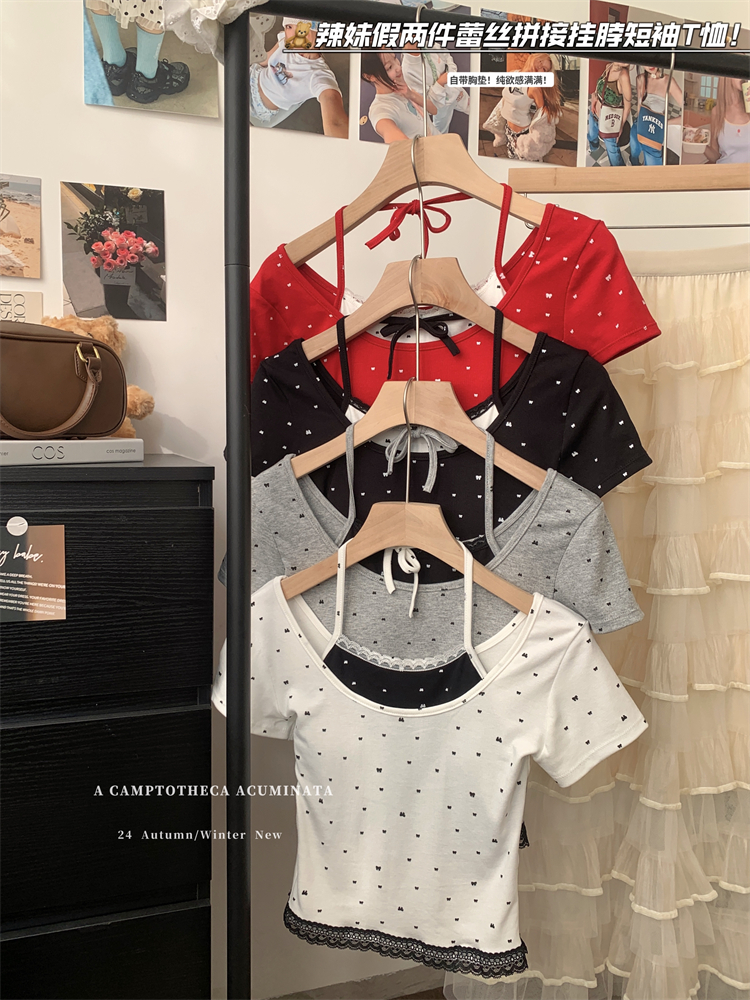 Real shot of 2025 new halter neck sweet hot girl fake two-piece polka dot short-sleeved T-shirt short navel top