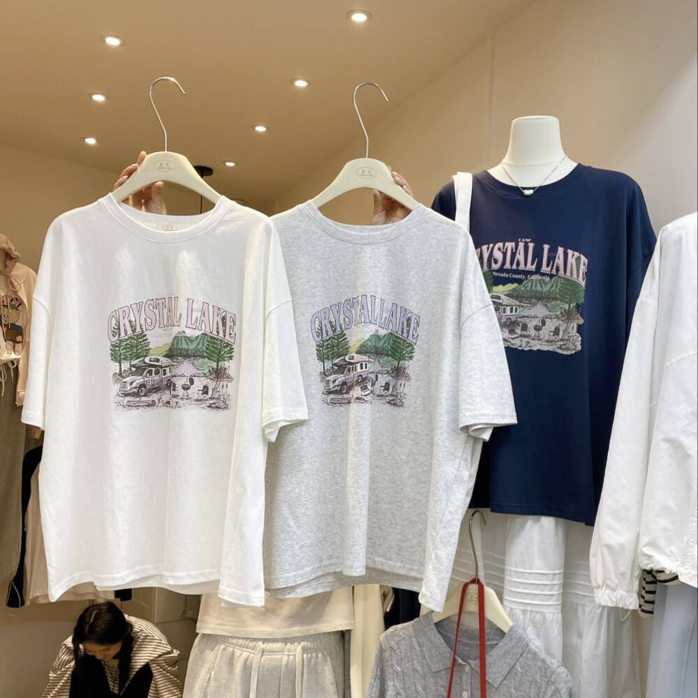 200g combed and tight-fitting sprinkler, pure cotton backpack, spring and summer loose shoulder printed short-sleeved T-shirt