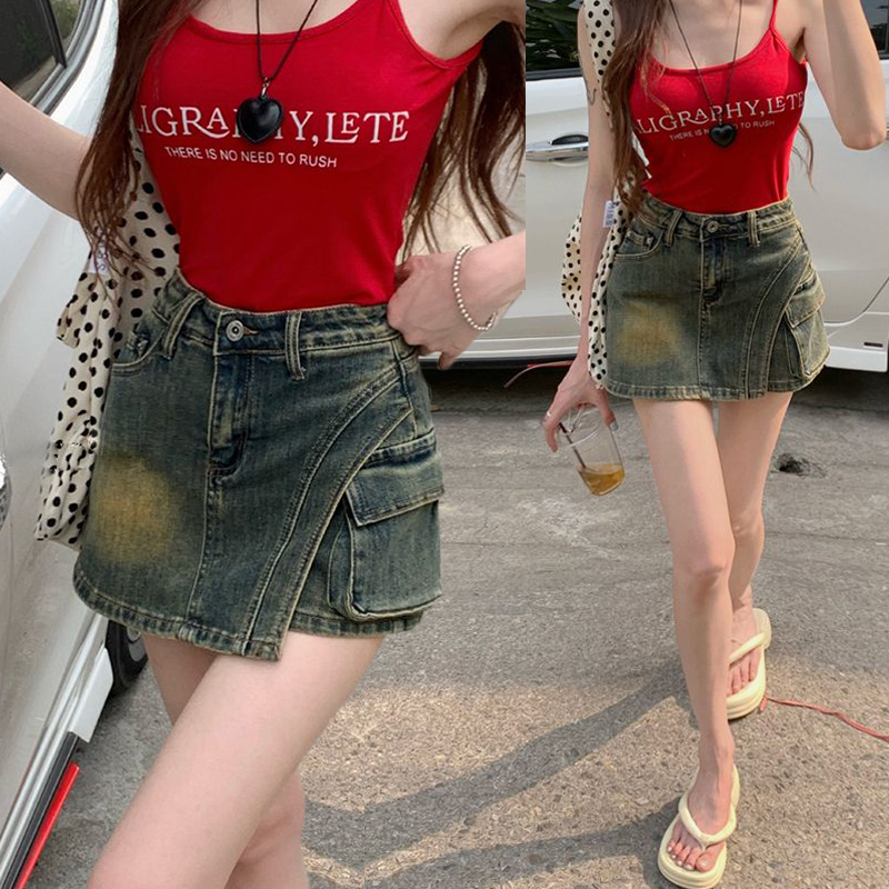Spring and summer hip-covered design high-waist denim skirt pants for women versatile A-line skirt retro nostalgic washing skirt pants
