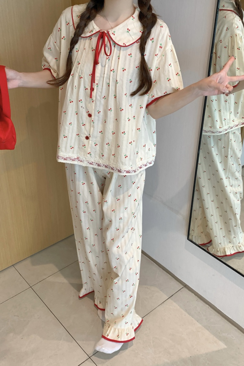 實拍韓版甜美小清新寬鬆純棉可愛櫻桃撞色春夏短袖家居服套裝