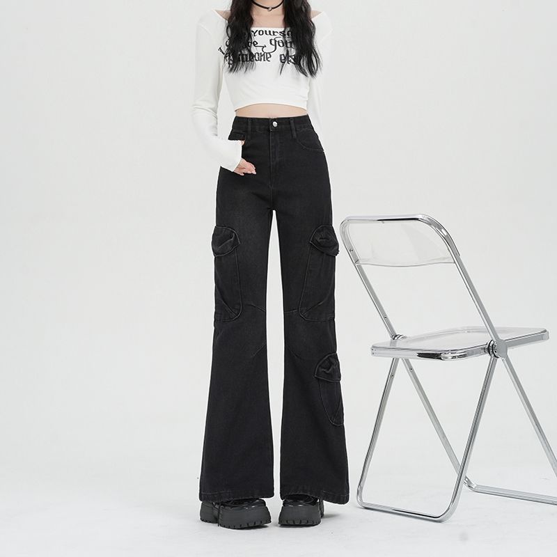 Real shot~ Black and gray American style trousers for women with high waist slim horseshoe flared denim trousers