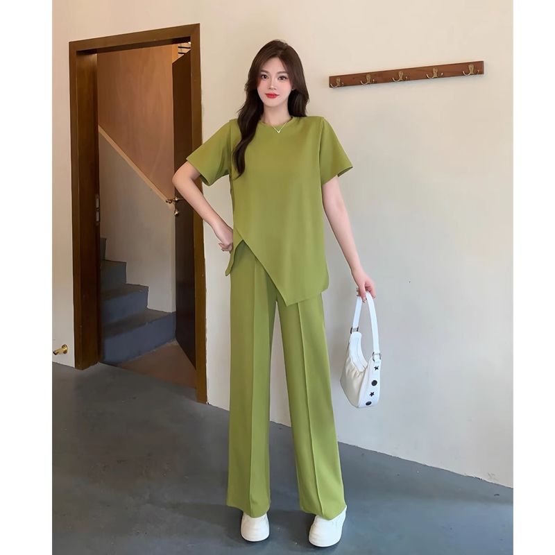 Original Version Stylish and Charming Round Neck Irregular Short Sleeve Wide Leg Pants High Waist Casual Fat mm Two Piece Set for Women