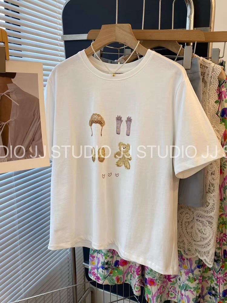 200g combed and tight spun in 2025, pure cotton back bag strip, spring and summer loose shoulder printed short-sleeved T-shirt