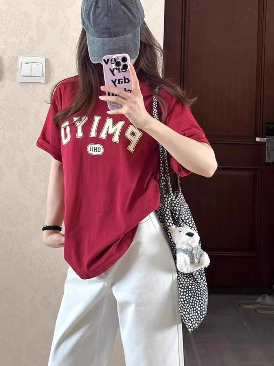 2025 Combing and tight-fitting sprinkler pure cotton backpack strips Spring and summer loose shoulder printed short-sleeved T-shirt