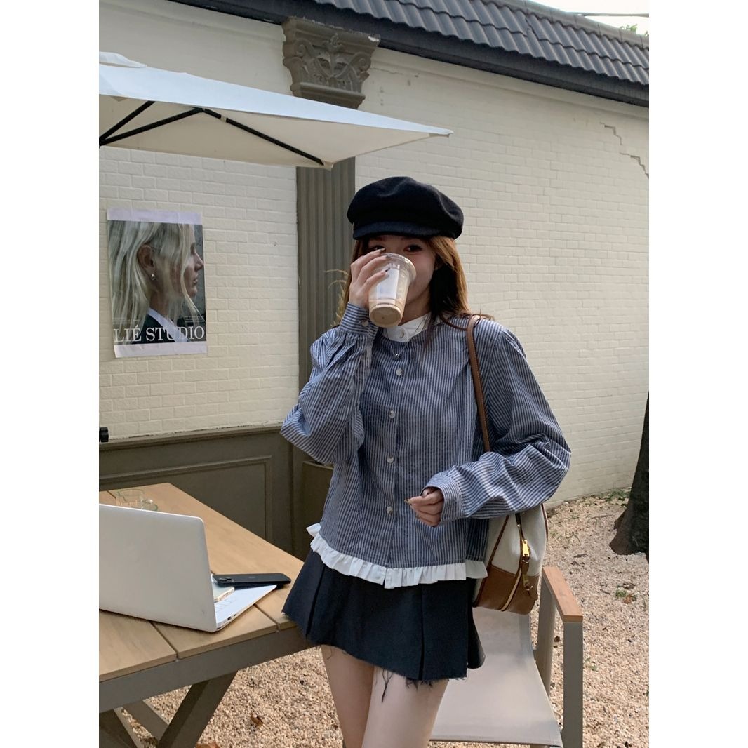 撞色氣質韓系條紋小衫2025春季新款圓領短款甜美百搭上衣長袖女裝