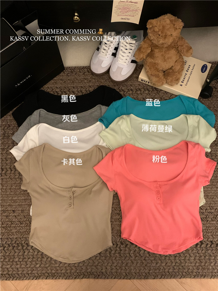 Real shot!  Summer versatile pure hot girls solid color buttons, chest pads, short-sleeved T-shirt top for women
