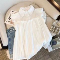 Gentle sleeveless ruffled white shirt for women 2025 summer new doll shirt loose belly cover top