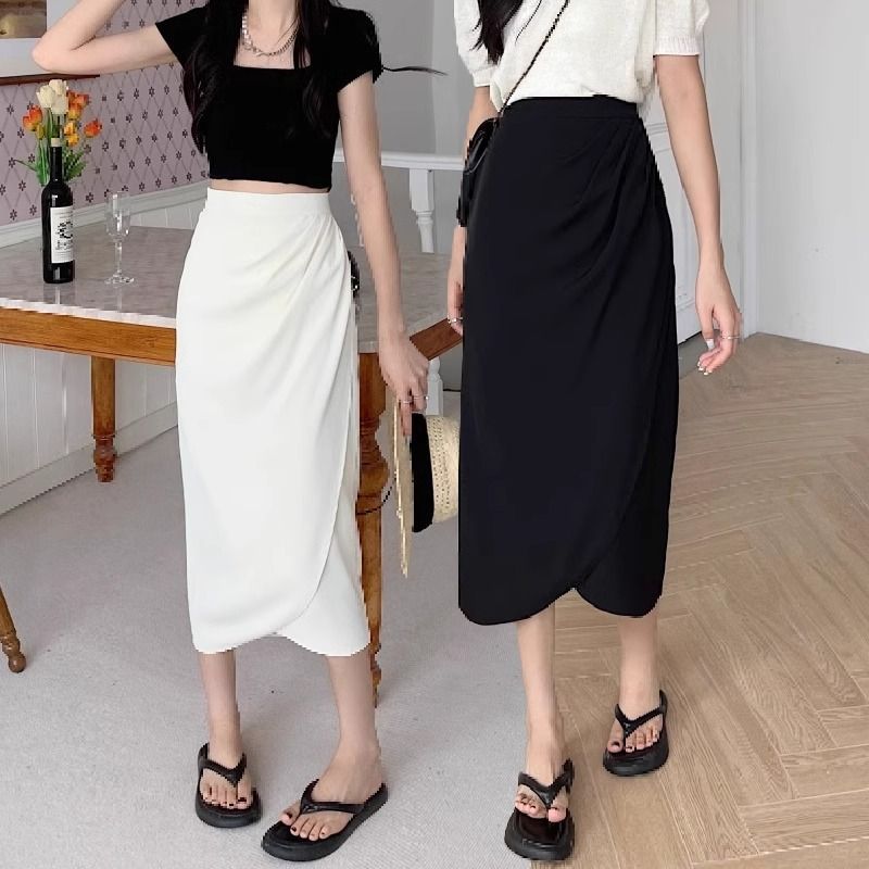 Women's Medium-Length Skirt 2025 Spring Design-Oriented Niche Retro High-Waisted Slit One-Piece Pleated Bodycon Skirt