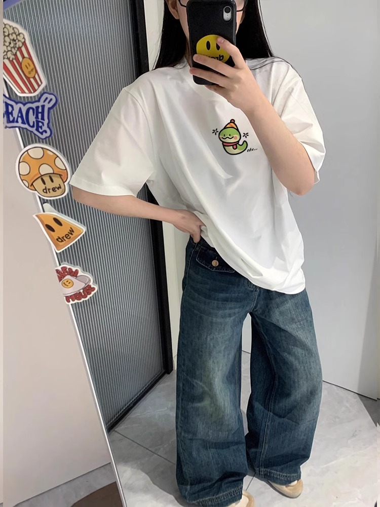 200g combed and tight-fitting sprinkler, pure cotton backpack, spring and summer loose shoulder printed short-sleeved T-shirt