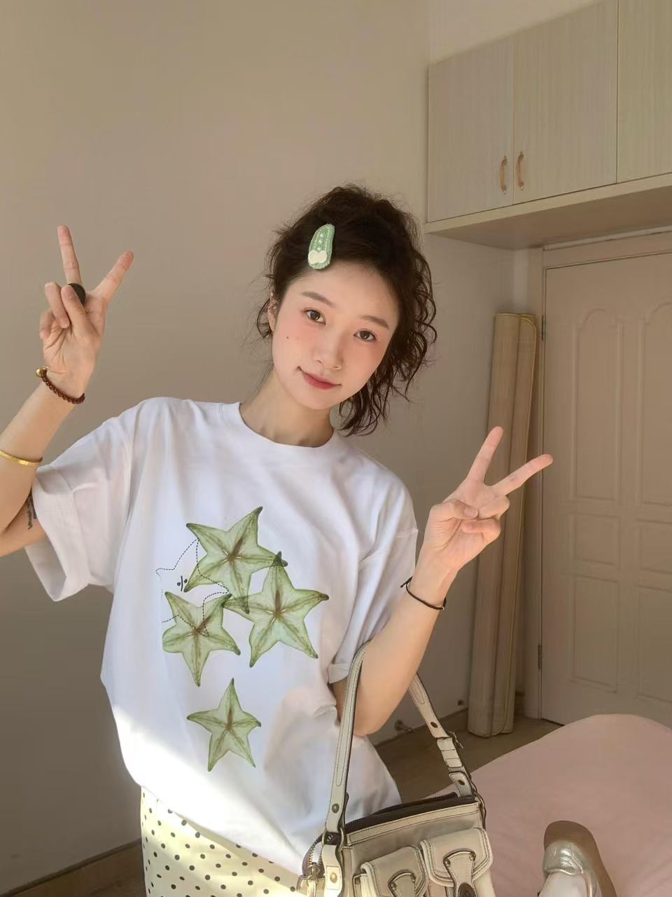 200g combed and tight spun in 2025, pure cotton back bag strip, spring and summer loose shoulder printed short-sleeved T-shirt