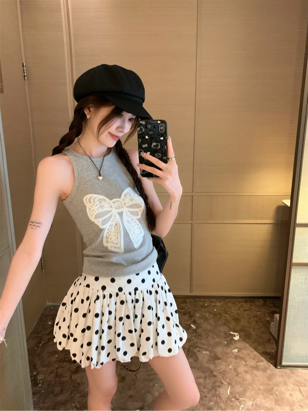 實拍 灰色蝴蝶結吊帶背心女+波點少女感蓬蓬花苞短裙