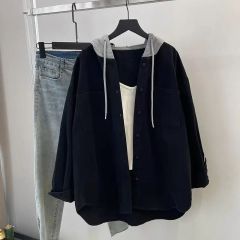 胖MM新款寬鬆大碼復古休閒連帽襯衫女春秋季中長款百搭外套ins潮