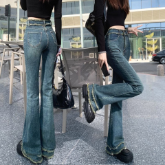 Retro Hong Kong style breasted design and micro-flare jeans for women's spring and autumn Korean style high waist slim fit horseshoe pants